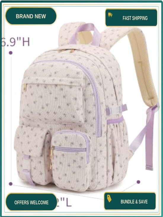 Corduroy School Backpack for Teen Girls Boys, Lightweight Laptop Daypack with
